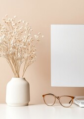 Aufkleber - Minimalist Ergonomic Office Contemporary Workspace with Elevated Monitor and Eyewear - Enhancing Productivity and Eye Health for Modern Professionals