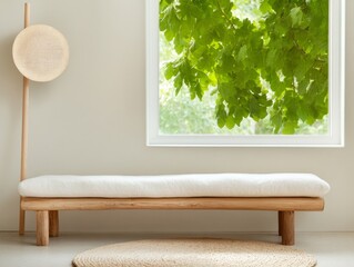 Wall Mural - Eco-Chic Reading Nook Reclaimed Wood Bench with Cotton Cushions and Hemp Lamp - Sustainable Interior Design for Serene Spaces and Green Living