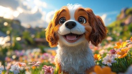 Wall Mural - Cute puppy in the flowers