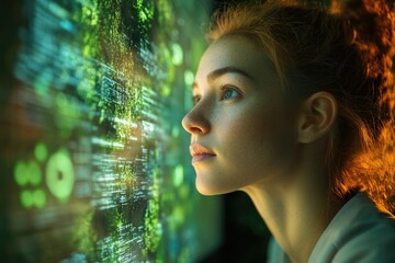 Young woman with freckles gazes intently at a screen displaying flowing green code.