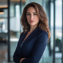 Wall Mural - Professional businesswoman with sharp features, wearing a tailored navy suit, standing in a modern glass office, soft natural lighting, confident expression, cinematic depth of field 