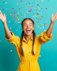 Poster - Vibrant Confidence in Digital Marketing Young Black Woman in Yellow Jumpsuit with Confetti - Social Media Campaigns and Contemporary Visual Appeal