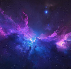 a nebula of purple and blue colors, glowing in the center with stars around it.