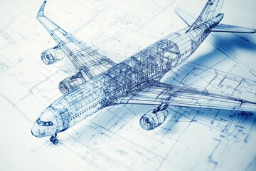Fototapete - Detailed technical blueprints illustrating the design and structure of an airplane in a blueprint style on a light background. Generative AI