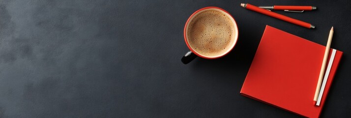 Leinwandbilder - Industrial Chic Workspace Graphite Surface with Vibrant Red Diary, Pen and Pencil Featuring Coffee Mug - Freelance Lifestyle and Creative Workspace Inspiration