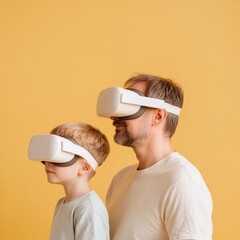Fototapete - Playful Tech Bonding Father and Son with VR Goggles in Minimalist Bright Space - Modern Entertainment and Interactive Learning for Family Engagement