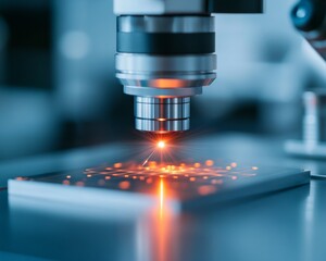 Fototapete - High-Tech Lab Display Precision Laser Calibration on Optics Table with Metallic Components - Quantum Physics Innovation and Advanced Research Visualization