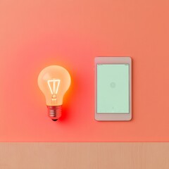 Aufkleber - Scandi Tech Aesthetic Minimalist Smart Lighting with LED Bulb and Control App on Warm Toned Wood - Smart Home Functionality in Modern Interior Design