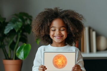 Poster - Augmented Reality STEM Learning Diverse 11-Year-Old Girl Engaged with Solar System Simulation on Tablet - Digital Literacy and Remote Education in Cozy Home Environment