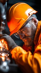 Poster - Industrial Safety Excellence Bearded Male Worker in Vibrant Orange Protective Gear Operating Heavy Machinery - Impactful Manufacturing Safety Campaign for Industrial Compliance