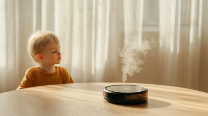 Aufkleber - Scandinavian Smart Home Wooden Dining Table and Robotic Vacuum in Warm Minimalist Setting - Enhancing Modern Family Lifestyle with Streamlined Tech Solutions
