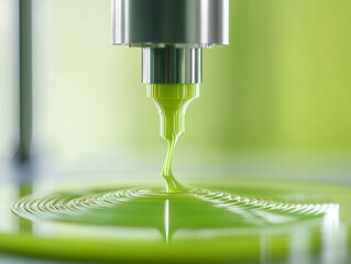 Fototapete - Futuristic Eco-Prototyping Closeup of Bright Green Filament Extrusion on Precision Printer Bed - Sustainable Design Innovation in Product Development
