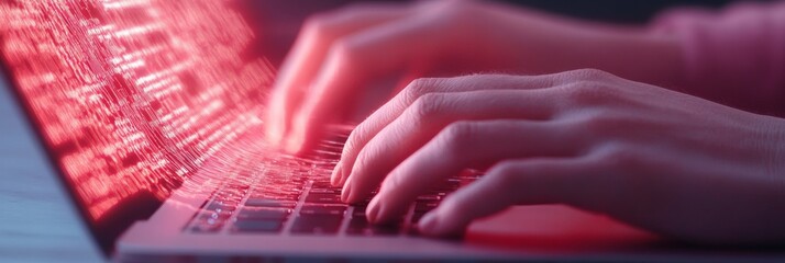 Leinwandbilder - Futuristic Programming Aesthetic Hands Typing on Sleek Laptop with Digital Streams - Empowering Software Development and Innovative Tech Marketing in Dynamic Business Hub