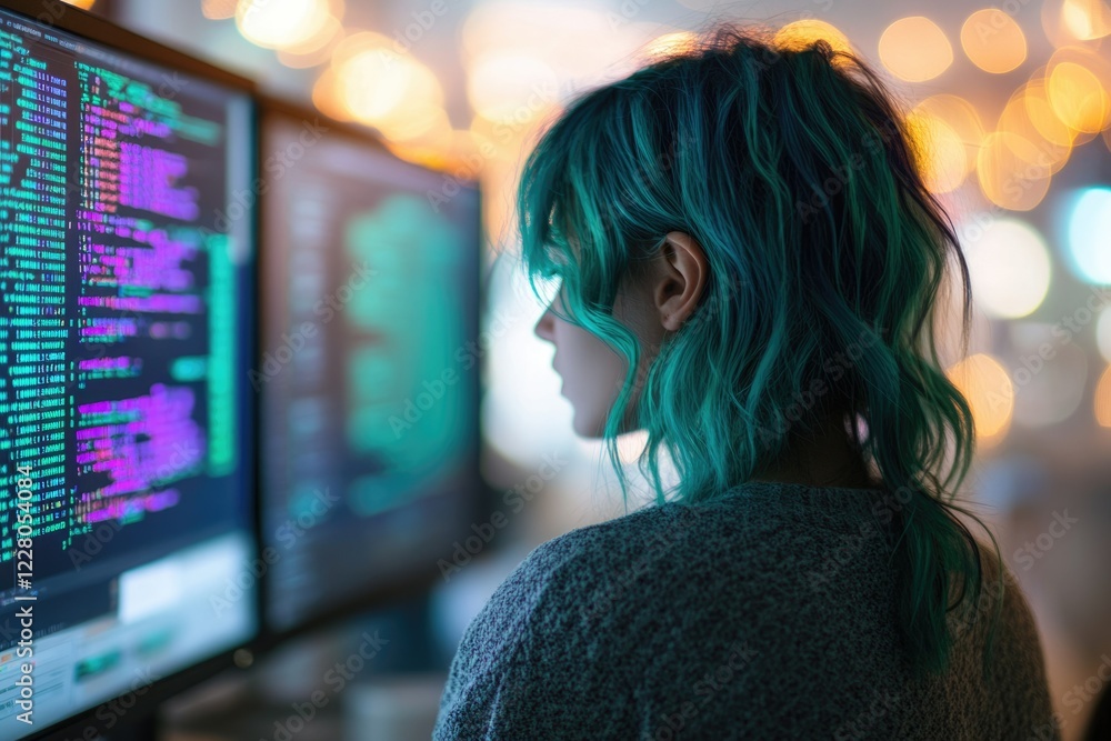 A woman with teal hair intensely focused on lines of code displayed on a computer screen.