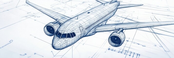 Fototapete - Detailed technical blueprints illustrating the design and structure of an airplane in a blueprint format. Generative AI