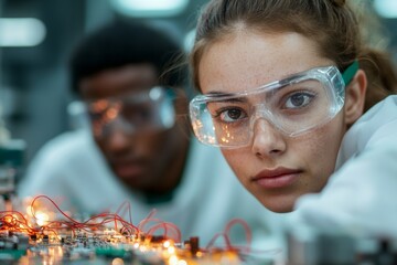 Fototapete - Modern Electronics Lab Dynamics Young Diverse Duo Soldering Circuits with Precision - Sustainable Tech Training for Innovative Skill Development in Clean, Organized Environments