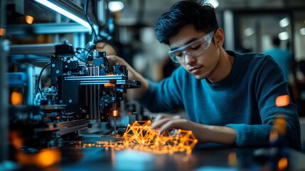 Fototapete - Neon Futurism Young East Asian Engineer Calibrates High-Tech Printer in Glowing Lab for Innovative Manufacturing and Precision Engineering
