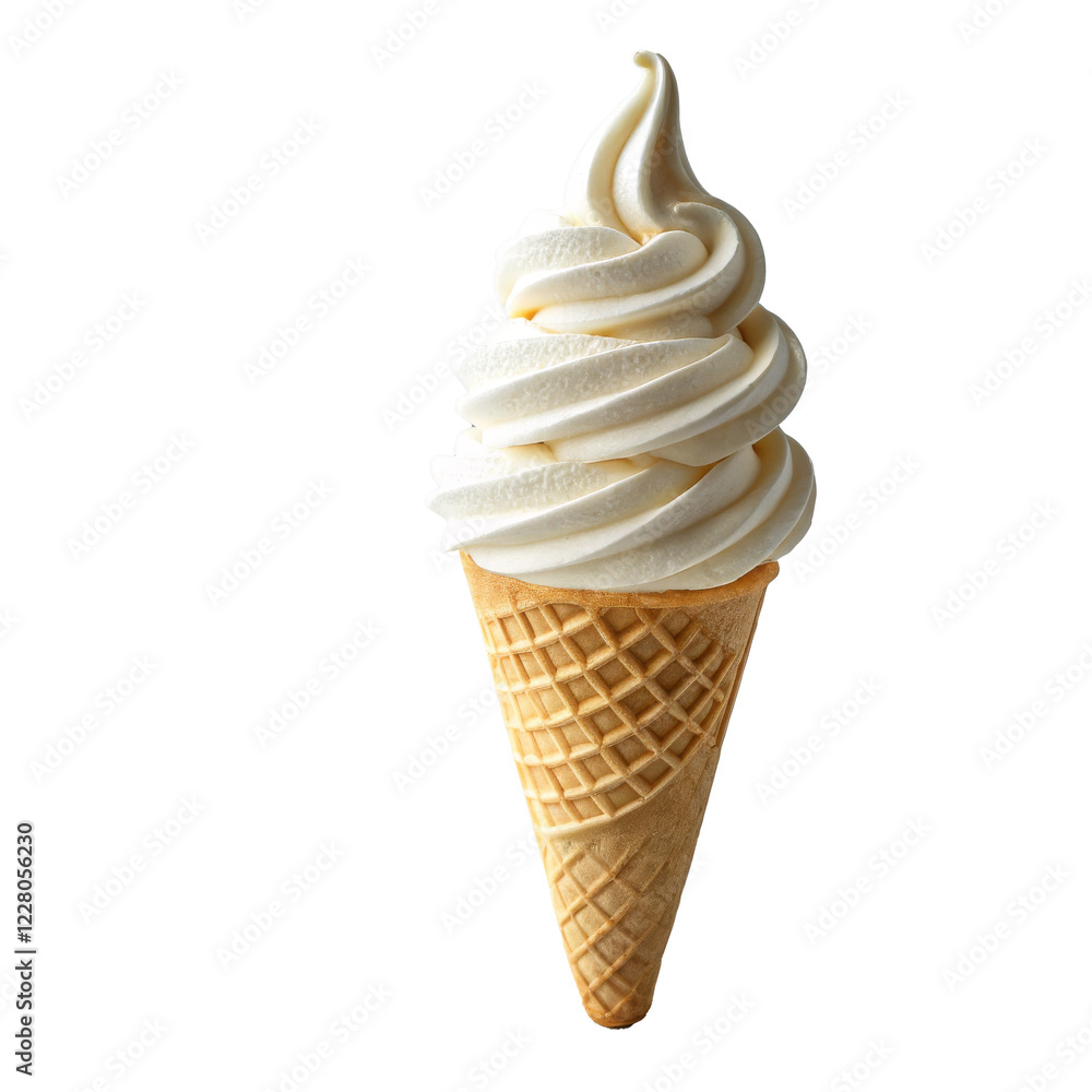 A swirl of creamy soft serve ice cream nestled in a crispy waffle cone ...