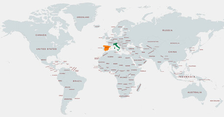  Highlighted World Map Featuring Spain and Italy Locations Marked