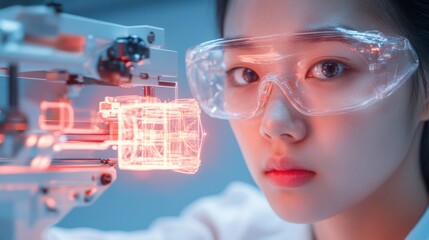 Fototapete - Futuristic Aesthetic Young Asian Female in AR Glasses with Holographic Interface - Cutting-Edge Technology for Modern Engineering Education and Innovative STEM Applications