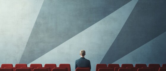 Poster - Modern Educational Vision Minimalist Auditorium with Student in Red Chairs Facing Graphic Wall - Inspiring Academic Content and Contemporary Learning Environment Design