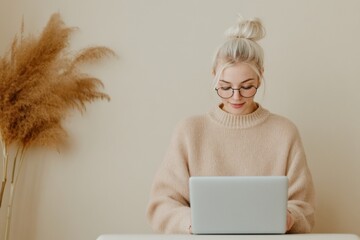 Aufkleber - Scandinavian Minimalist Home Office Young Professional Woman in Cozy Knit Sweater on Video Call - Digital Collaboration for Remote Work Marketing and Modern Business Flexibility
