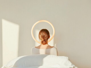 Poster - Minimalist Aesthetic Young Woman with Ring Light in Cozy Bedroom for Modern Lifestyle Content and Professional Vlogging Setup - Digital Influence and Storytelling Innovation