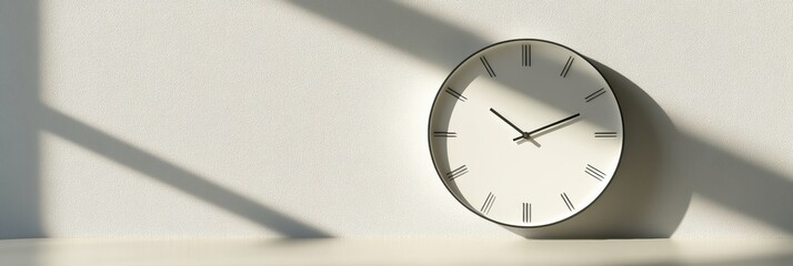 Poster - Modern wall clock displays time in a minimalistic room with natural light creating shadows on the wall. Generative AI