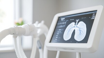 Leinwandbilder - Streamlined Medical Display Touchscreen Lung Imaging on Sleek White Device - Healthcare Innovation and Clinical Education Tool for Respiratory Assessment