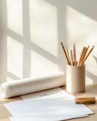 Poster - Minimalist Workspace Design Rolled Blueprints and Stationery on Oak Desk - Elevating Architectural Drafting Studios and Technical Skills Showcase for Modern Creative Professionals