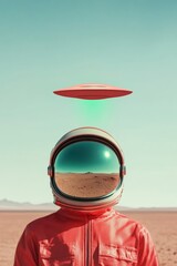 Aufkleber - High-Tech Sci-Fi Marketing Reflective Astronaut Helmet and Glowing UFO in Desert - Futuristic Digital Content for Entertainment and Tech Industry Campaigns