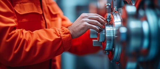 Poster - Modern Industrial Safety Male Factory Worker in Orange Gear Inspecting Metal Machinery - Precision Engineering and Workplace Compliance for Manufacturing Efficiency