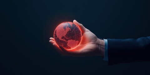 Poster - Neon Holographic Globe in Human Hand Intelligent Circuitry Visualization for Global IT Network Solutions Enhancing Secure Cloud Computing in the Digital Age