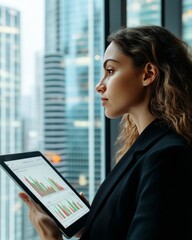 Poster - Chic Urban Finance Latina Millennial Analyzing Digital Portfolio Interface in Modern Business Setting with Cityscape Views - Enhancing Financial Tech Innovation