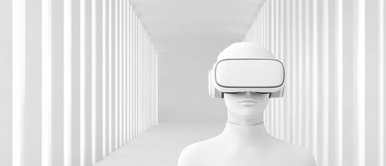 Poster - Monochromatic Virtual Reality Gear in Modern Office Sleek White VR Headset and Minimalist Design - Cutting-Edge Workspace Technology for Enhanced Immersion and Innovative Collaboration