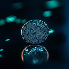 Fototapete - Futuristic Cryptocurrency Concept Macro Shot of Circuitry Coin with Holographic Light Reflections - Fintech Advancements and Digital Security Solutions