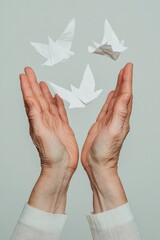 Poster - Contemporary Origami Art Human Hands on Minimalist Background with Paper Birds - Emblematic Social Influence and Freedom for Creative Marketing and Corporate Innovation