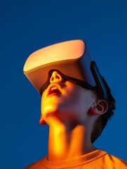 Aufkleber - Avant-Garde VR Immersion Young Man in Reflective Headset with Vibrant Light on Face - Cutting-Edge Tech Visualization for Digital Experience Marketing and Entertainment Industry Futures