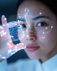 Poster - Futuristic Tech Aesthetics Young Innovator Showcasing AI Holographic Interface in High-Tech Lab - Elevating Business Collaboration and Digital Marketing Strategies