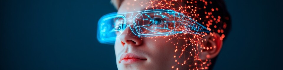 Poster - Futuristic Network Visualization Holographic Data Mapping and AI-Driven IT Solutions for Innovative Business Strategies - AR Glasses in Tech-Forward Industry