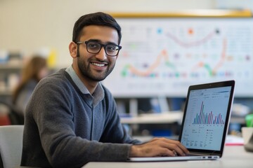 Aufkleber - Modern Entrepreneurial Analysis Young South Asian Man Leveraging Data Visualization and Digital Tools in Bright Office for Small Business Growth Strategies