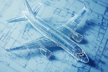 Fototapete - Detailed technical blueprints showcasing a modern airplane design and engineering layout for aerospace development. Generative AI