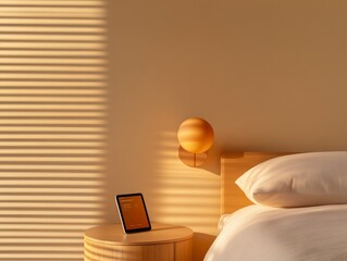Aufkleber - Sunset-Infused Minimalist Bedroom with Smart Blinds and Wooden Textures - Elevating Smart Home Automation for Modern Lifestyle and Sustainable Interior Design