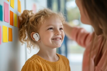 Aufkleber - Bright Classroom Harmony Inclusive Learning with Adaptive Tools and Hearing Aids - Empowering Modern Education for Childrens Development in Natural Light Spaces