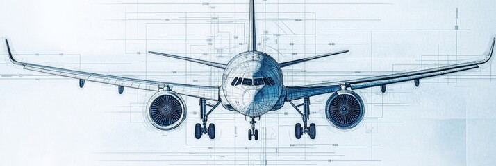 Fototapete - Detailed technical blueprints illustrating the design of a modern airplane structure and components. Generative AI