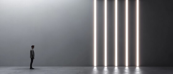 Poster - Minimalist Industrial Design Man in Monochrome Space with Vertical LED Light Stripes - Visual Art for Tech Industry Branding and Modern Architectural Inspiration