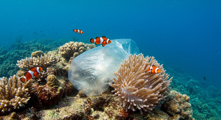 clownfish swims near plastic bag in coral reef. marine pollution with plastic bag in ocean with clow