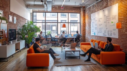 Aufkleber - Contemporary Coworking Space Ideation Multicultural Team Brainstorming Tech Startup in Bright Industrial Office - Enhancing Innovation and Collaboration in Modern Business