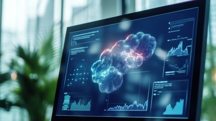 Leinwandbilder - Interactive Digital Weather Graphics Live Radar Display with Animated Clouds and Data Trends - Smart Office Tech for Modern Workspace Efficiency and Real-Time Meteorological Insights
