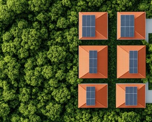 Poster - Aerial Eco-Design Display Solar-Paneled Terracotta Roofs amid Lush Greenery - Sustainable Architecture for Modern Urban Development and Environmental Housing Solutions